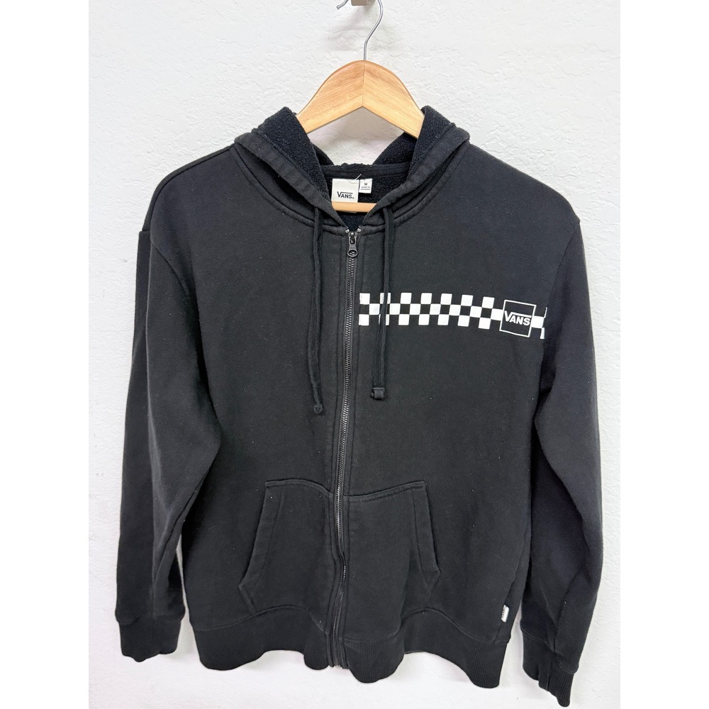 Vans Mens Full Zip Hoodie Black Checkerboard Off The Wall Logo Sweatshirt Size M